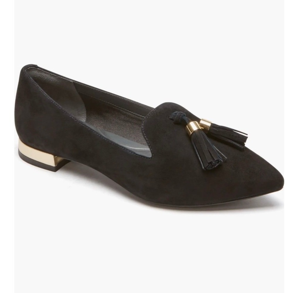 Rockport Total Motion Zuly Luxe Pointy Toe Black Suede Tasseled Loafer, Size 7.5